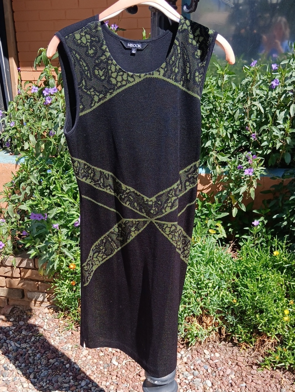 Misook Black Sleeveless Maxi Dress with Olive Lace Insets